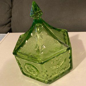 VTG 1970's Tiara Indiana Glass Green Colonial Eagle &Star Covered Candy Dish-EUC